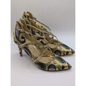 Marc Fisher Strappy Lace Up Women Heels Gold Pointed Toe Paisley Floral Decor 6M
